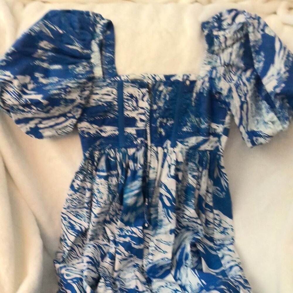 NEW Jesse Zhao Blue Print Square Neck Midi Dress – Size 2 - Picture 8 of 8